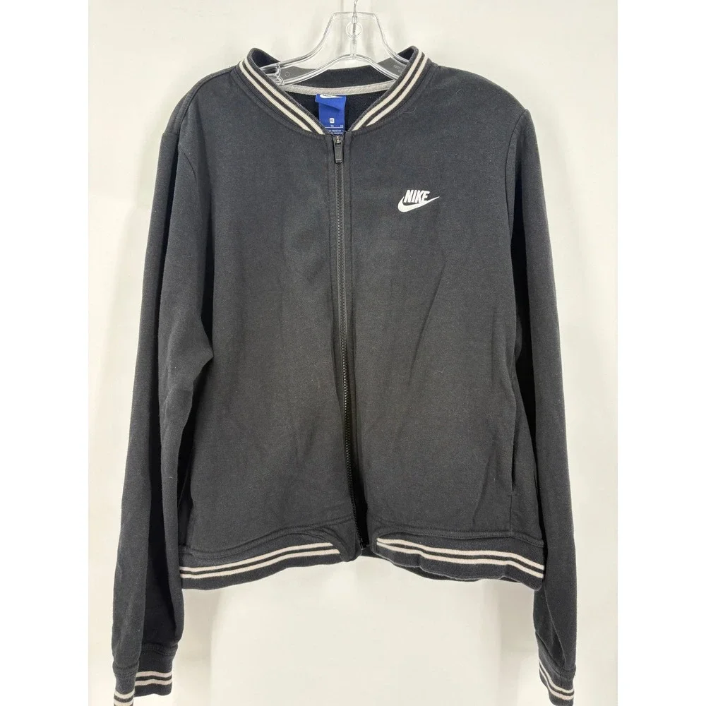 Nike Black Bomber Jacket Athletic Style Varsity Stripe‎ Full Zip Women's XL